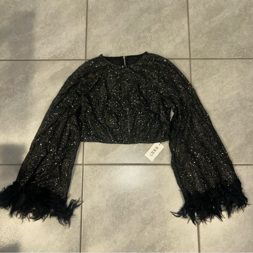 Cider Black & Silver Long Sleeve Crop Top & Bra Feather Fringe Size L Brand New - Picture 5 of 12